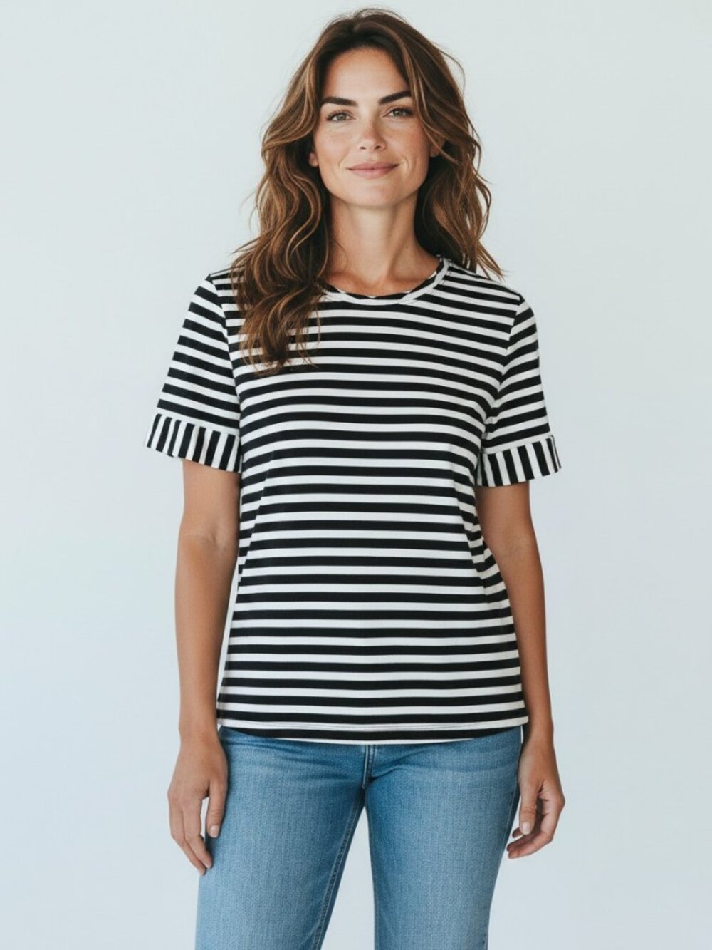 Talbots Black White Shimmer Striped Crew Neck Tee Size M Cotton Modal Preppy